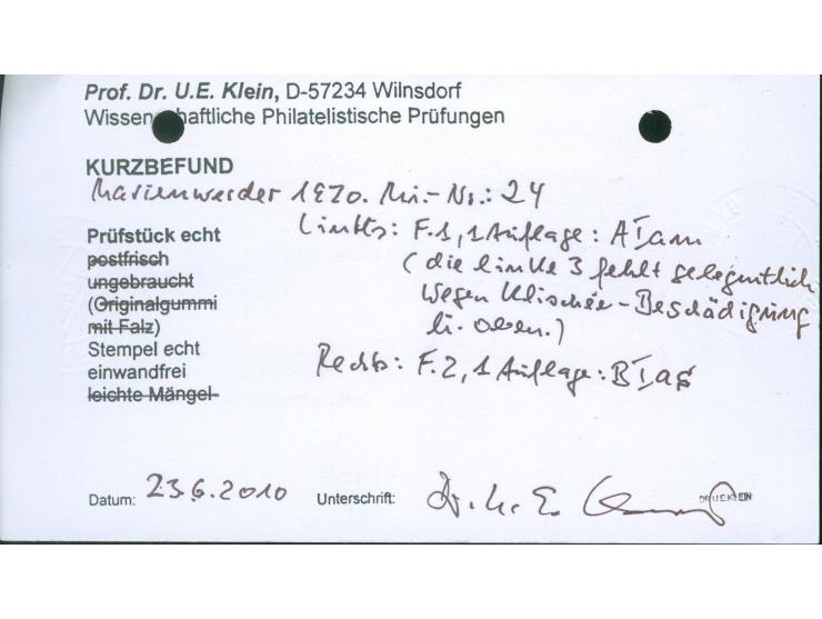1920, Germania 3 Mark auf 3 Pfg., waagerechtes Paar mit den Aufdrucktypen AIam und BIas, gestempelt “MARIENWERDER (WESTPR.) 1