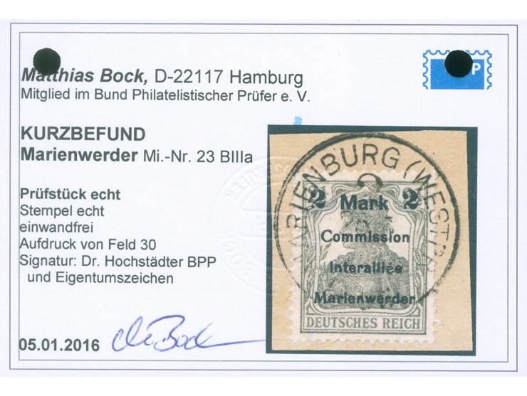 1920, Germania 2 Mark auf 2 ½ Pfg. olivgrau, Aufdrucktype BIIIa von Aufdruckfeld 30, sauber gestempelt “MARIENBURG (WESTPR.) 