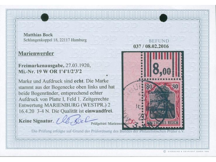 1920, Germania 80 Pfg. karminrot/rotschwarz auf hellrosa, linke obere Bogenecke im Walzendruck mit Konfiguration 1'4'1 / 2'3'