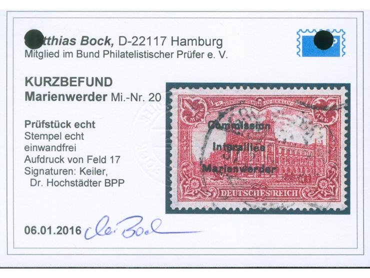 1920, Germania 1 M. rotkarmin, Aufdruckfeld 17, sauber gestempelt, tadellos, sign. Keiler, Dr. Hochstädter BPP, Kurzbefund Bo
