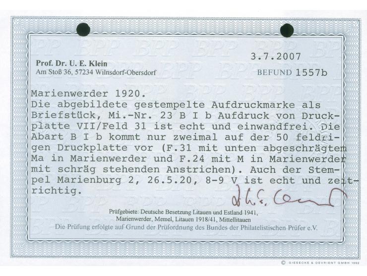 1920, Germania 2 Mark auf 2 ½ Pfg dunkelolivgrau, Aufdrucktype BIb, Aufdruckfeld 31 von Platte 7, sauber gestempelt “MARIENBU