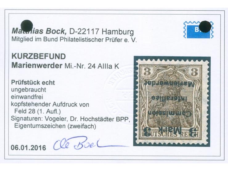 1920, Germania 3 Mark auf 3 Pfg. dunkelorangebraun, kopfstehender Aufdruck in Type AIIIa von Aufdruckfeld 28 der 1. Auflage, 