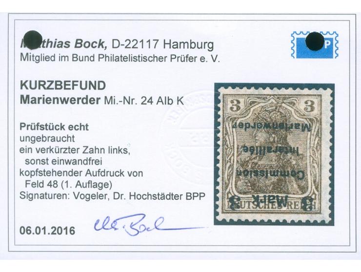 1920, Germania, 3 Mark auf 3 Pfg. dunkelorangebraun, kopfstehender Aufdruck in Type AIb von Aufdruckfeld 48 der 1. Auflage, s