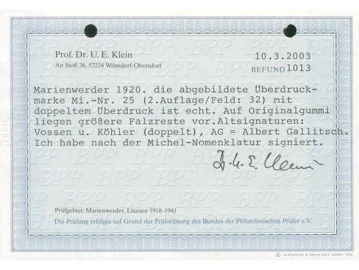 1920, Germania 5 Mark auf 7 ½ Pfg. rötlichorange, doppelter Aufdruck von Aufdruckfeld 32 der 2. Auflage, ungebraucht, tadello