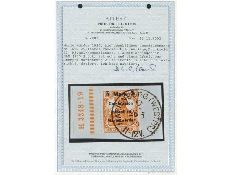 1920, Germania 5 Mark auf 7 ½ Pfg. rötlichorange, Aufdrucktype BIIa von Aufdruckfeld 11 der 1. Auflage, linkes Seitenrandstüc