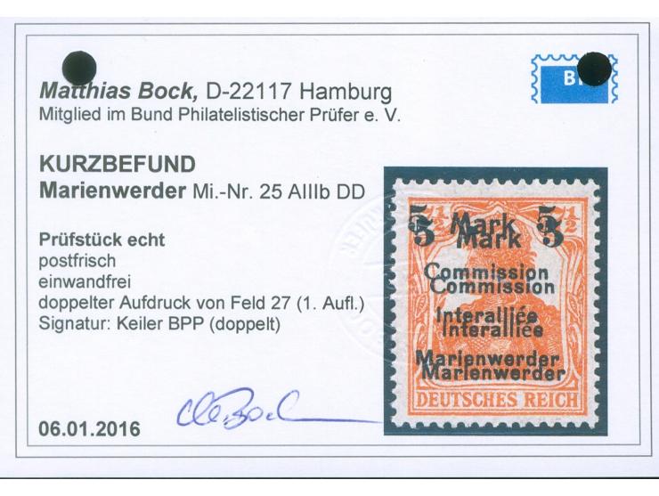 1920, Germania 5 Mark auf 7 ½ Pfg. rötlichorange, doppelter Aufdruck in Type AIIIb von Aufdruckfeld 27 der 1. Auflage, postfr