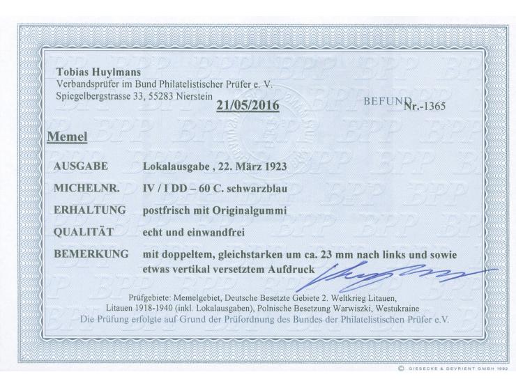 1939, 60 C. schwarzgraublau, doppelter, gleichstarker Aufdruck in Type I, postfrisch, tadellos, unsigniert, Fotobefund Huylma
