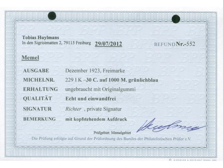 1923, 30 C. auf 1000 M. grünlichblau, kopfstehender Aufdruck in Type I, sauber ungebraucht, tadellos, sign. u. a. Richter, Fo