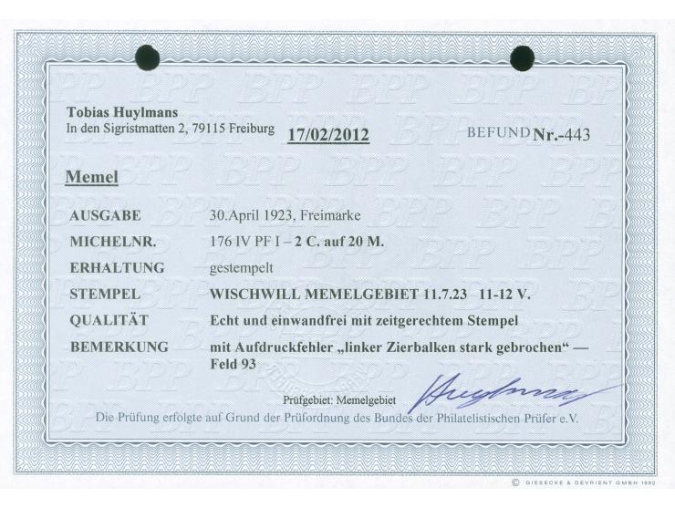 1923, 10 C. auf 400 M. dunkelolivbraun, Aufdrucktype IV, Aufdruckfehler “linker Zierbalken stark ausgebrochen” (Aufdruckfeld 