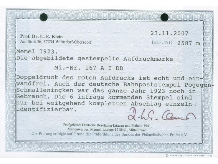 1923, 2 C. auf 300 M. oliv, doppelter Aufdruck, sauber gestempelt mit Bahnpoststempel “Pogegen-Schmalleningken”, tadellos, Fo