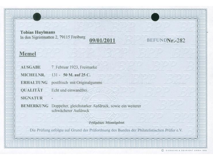 1923, 50 M. auf 25 C. dunkelzinnoberrot, gleichstarker doppelter Aufdruck und ein weiterer schwächerer Aufdruck, postfrisch, 