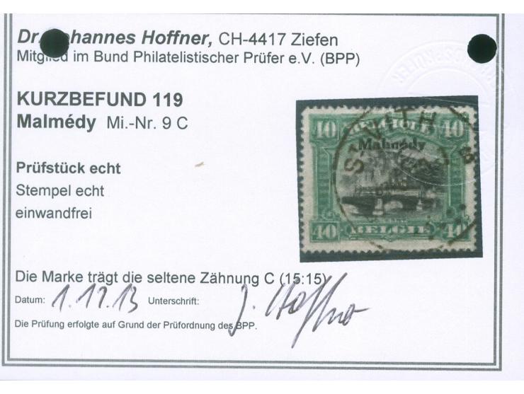 1920, 40 C. grün/schwarz, gezähnt L 15, sauber gestempelt “ST. VITH”, tadellos, Kurzbefund Dr. Hoffner BPP (2013)