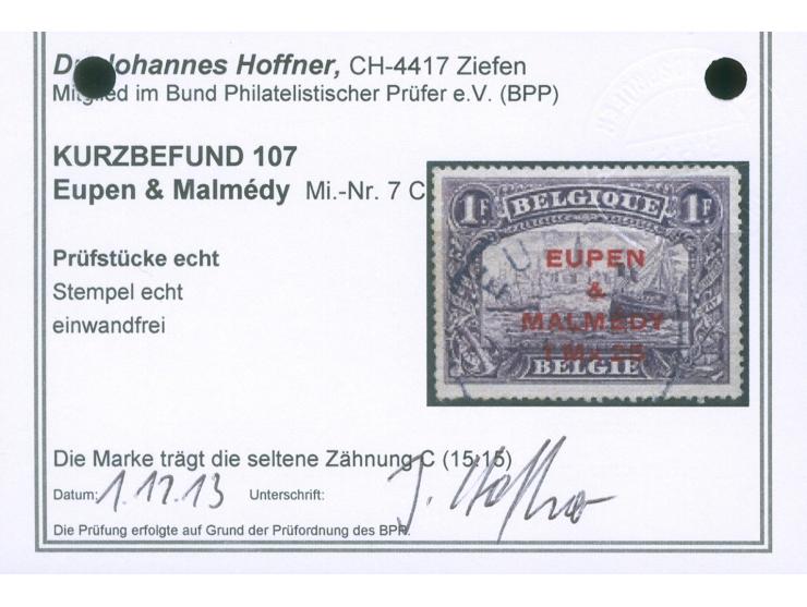 1920, 1,25 Mk auf 1 Fr. violett, gezähnt L15, sauber gestempelt “EUPEN”, tadellos, Kurzbefund Hoffner BPP (2013)