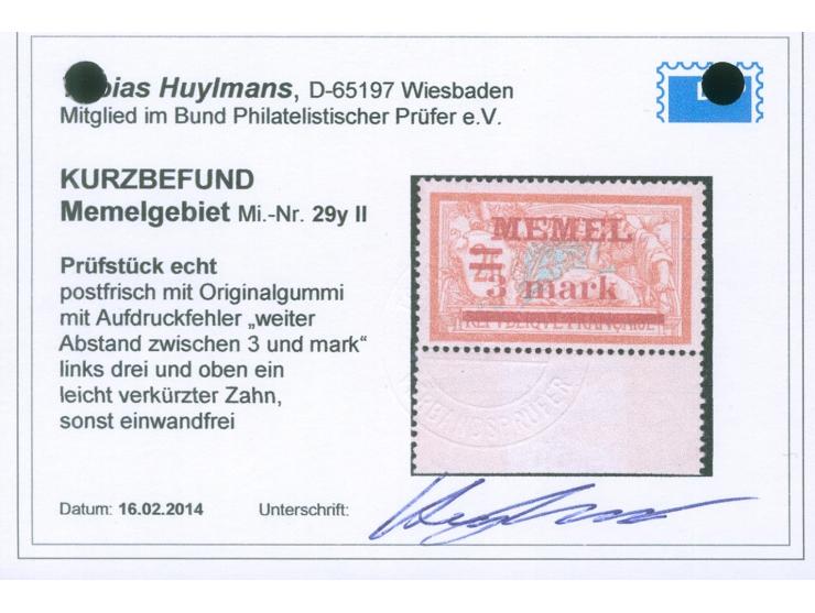 1920, 3 M. auf 2 Fr. dunkelrötlichorange/hellgrünlichblau, weißes Papier, Unterrandstück mit weitem Abstand zwischen 3 und ma