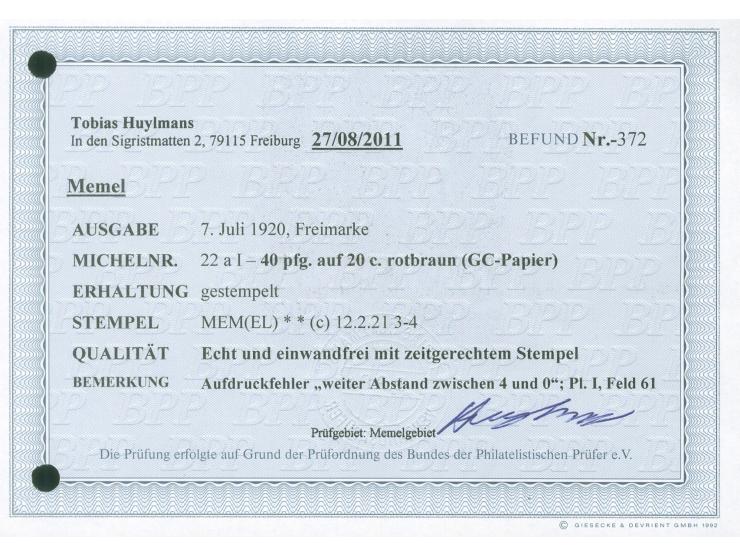 1920, Freimarke 40 pfg. auf 20 C. rotbraun auf GC-Papier, mit Aufdruckfehler “weiter Abstand zwischen 4 und 0” (Platte 1, Auf