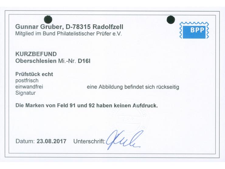 1920, 1 M. gelblichrot auf mattgelblichorange, unterer linker Eckrandsechserblock, verschobener Aufdruck und daher Feld 91 un