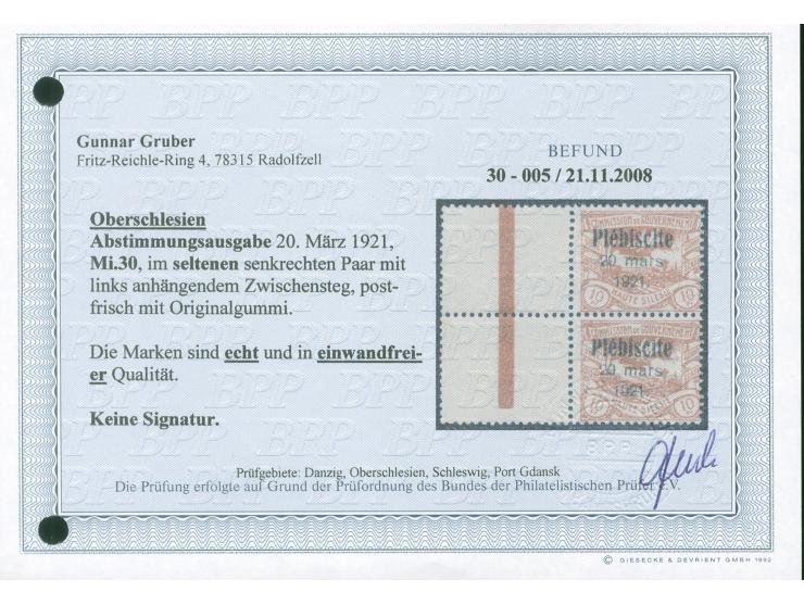 1921, Volksabstimmung 10 Pfg., senkrechtes Paar links mit Zwischensteg, postfrisch, tadellos, selten, unsigniert, Fotobefund 