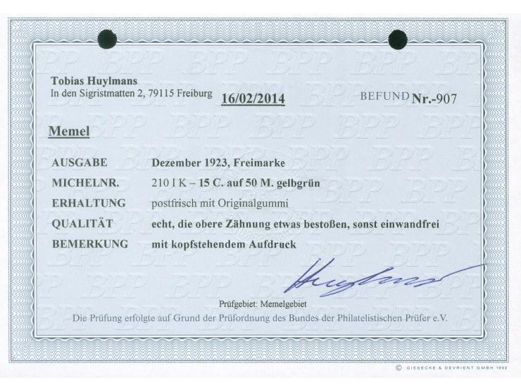 1923, Freimarke 15 C. auf 50 M. gelbgrün, kopfstehender Aufdruck, postfrisch, die obere Zähnung etwas bestoßen, sonst tadello