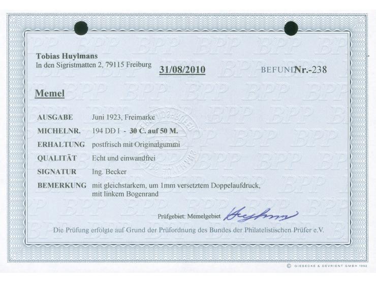 1923, Angliederung des Memellandes an Litauen 30 C. auf 50 M. dunkelockerbraun, doppelter, gleichstarker Aufdruck, postfrisch