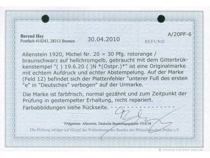 1920, Hochovalaufdruck 30 Pfg., Plattenfehler “unterer Fuß des erten e in Deutsches verbogen”, gestempelt, tadellos, Fotobefu