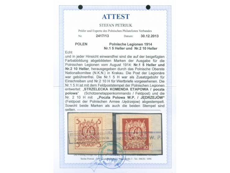 1914, Polish Legion: 5 H. and 10 H., used “STRZELECKA KOMENDA ETAPOWA / poczta polowa” or “Poczta Polowa W.P. / JEDRZEJÓW W.P
