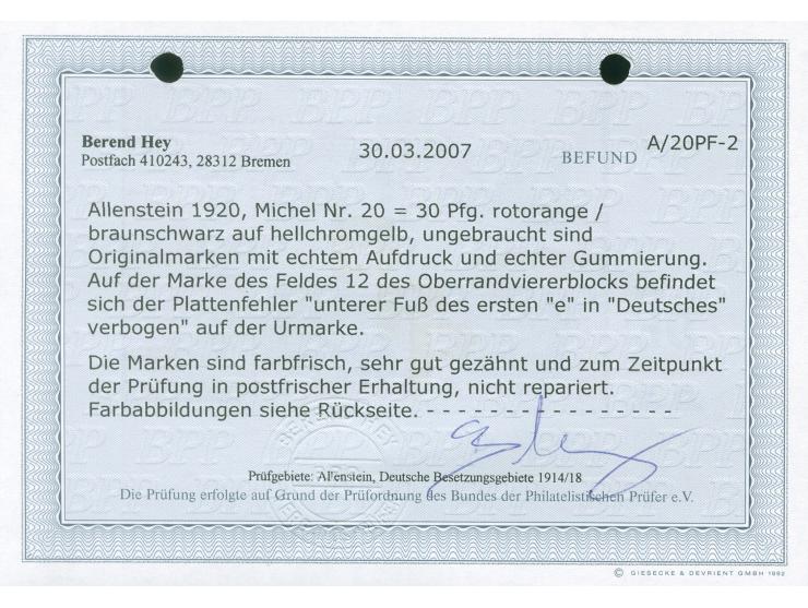 1920, Hochovalaufdruck 30 Pfg. dunkelrotorange/schwarz auf hellchromgelb, linker oberer Eckrandviererblock mit Plattenfehler 