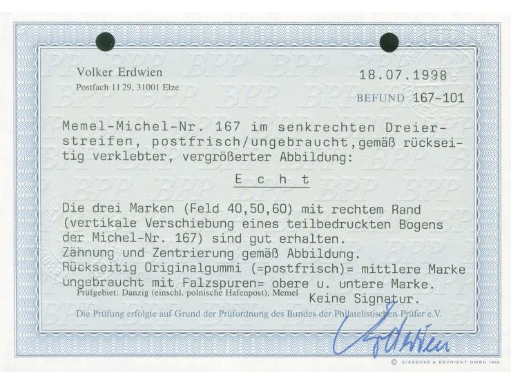 1923, Freimarke 2 C. auf 300 M. oliv, senkrechter Dreierstreifen mit vertikal verschobenem Aufdruck, somit obere Marke ohne A