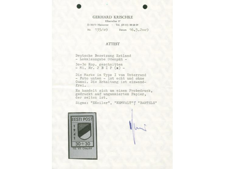 1941, Wappenschild 30 Kop., geschnitten, Type I, Probedruck, ohne Gummi, wie hergestellt, tadellos, sign. u. a. Nemvalz, EKei