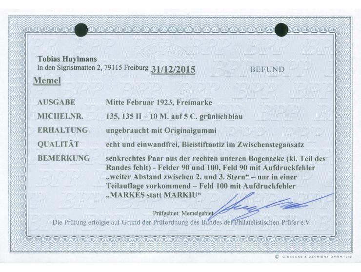 1923, Freimarke, 10 M. auf 5 C. grünlichblau, senkrechtes Paar aus der rechten unteren Bogenecke (kleiner Teil des Randes feh