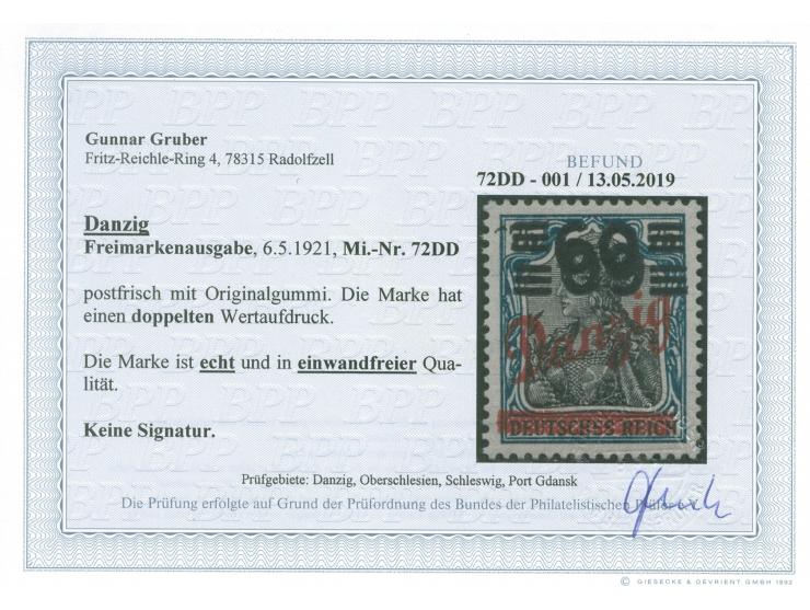 1921, Freimarke 60 auf 75 Pfg schwärzlichgrünblau/gelbschwarz, doppelter Wertaufdruck, postfrisch, tadellos, unsigniert, Foto