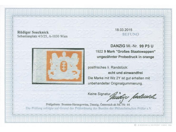 1922, Großes Staatswappen 9 M. orange, linkes Seitenrandstück als ungezähnter Probedruck, postfrisch, tadellos, selten, unsig