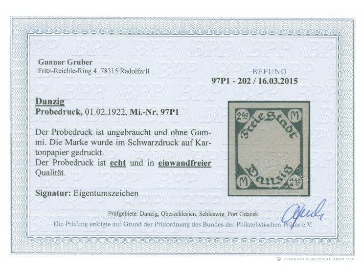 1922, Kleines Staatswappen 2,40 M., ungezähnter Probedruck in schwarz auf ungummiertem Kartonpapier, tadellos, Fotobefund Gru