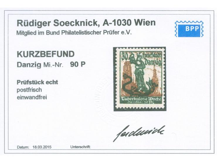 1921, Tuberkulose-Woche 30 Pfg., Probedruck in anderer Farbe, postfrisch, tadellos, unsigniert, Kurzbefund Soecknick BPP (201