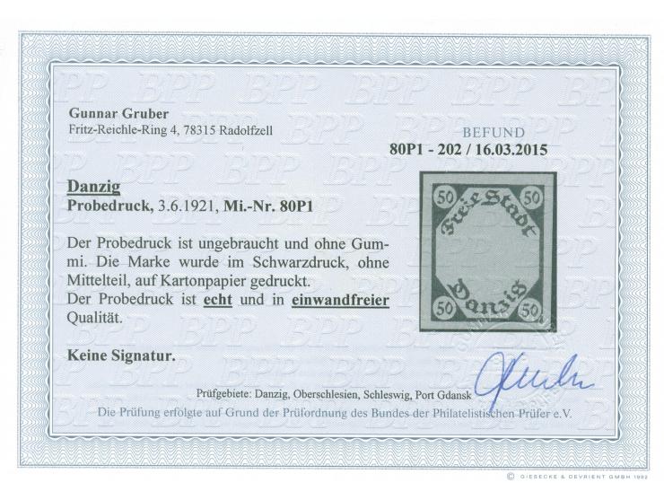 1921, Kleines Staatswappen 50 Pfg., ungezähnter Probedruck ohne Mittelstück, Schwarzdruck auf ungummiertem Kartonpapier, tade