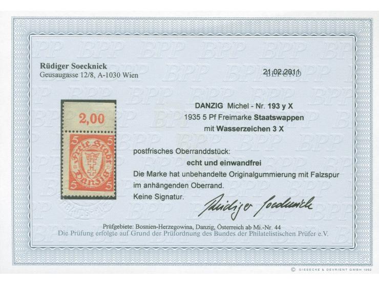 1935, Staatswappen im Oval 5 Pfg. rötlichorange, stehendes Wasserzeichen (Wz. 3X), Oberrandstück, postfrisch, Falzspur im Obe