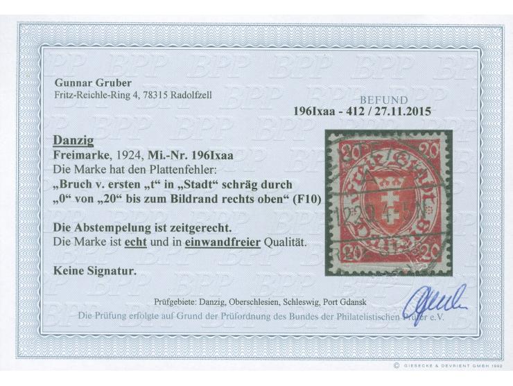 1924, Staatswappen im Oval 20 Pfg. karminrot/dunkelzinnoberrot (Mitte UV leuchtenddunkelrosa), Plattenfehler “Bruch vom erste