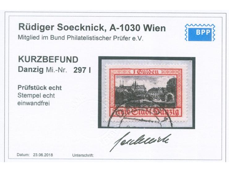 1936/39, Ansichten 1 G. gelblichrot/schwarz, Plattenfehler “gebogener senkrechter Strich im O und abweichenes i in Oliva” (Fe