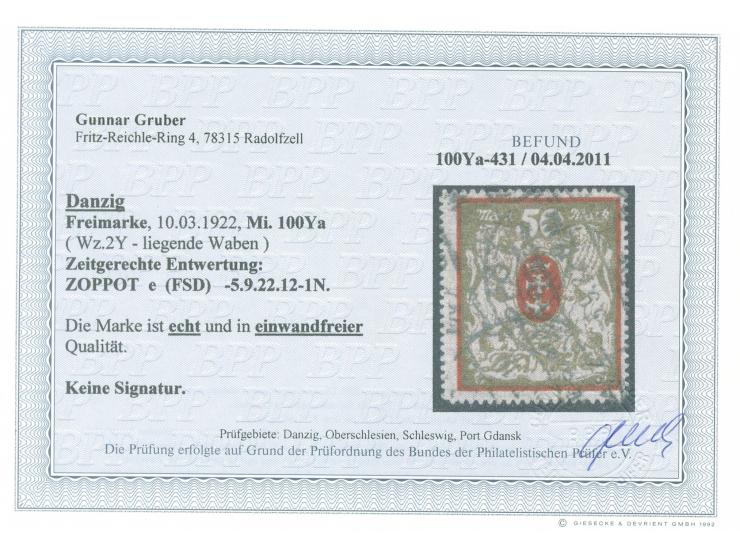 1922, Großes Staatswappen 50 M. rot/gold, liegendes Wasserzeichen, zeitgerecht gestempelt “ZOPPOT e -5.9.22”, tadellos, unsig