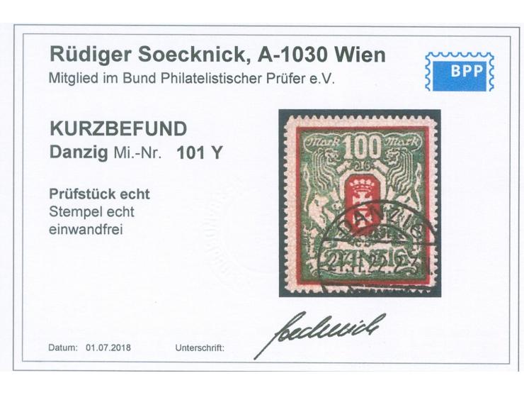 1922, Großes Staatswappen 100 M. dunkelzinnoberrot/dunkelgrünoliv, liegendes Wasserzeichen, sauber gestempelt “DANZIG 21.11.2