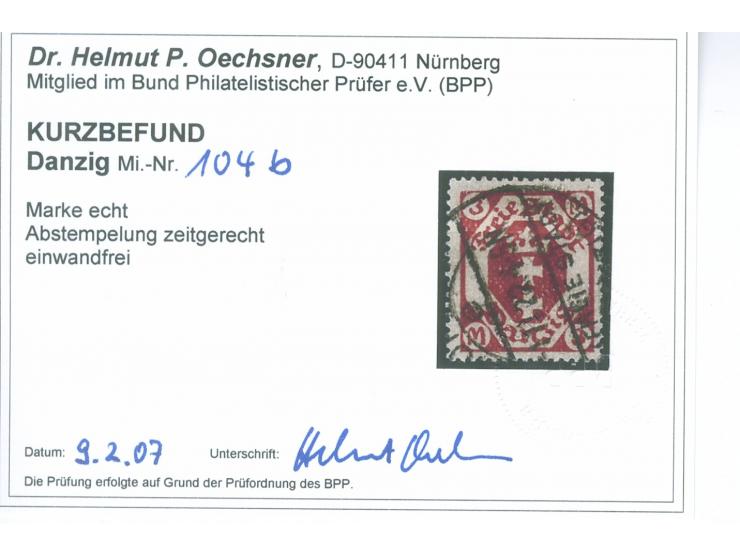1922, Kleines Staatswappen 3 M. karminrot, sauber und zeitgerecht entwertet “ZOPPOT e -1.11.22”, tadellos, mit zeitgerechter 