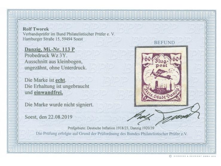 1923, Flugpost 60 Pfg. dunkelviolettpurpur, ungezähnter Probedruck, sauber ungebraucht, tadellos, Fotobefund Tworek BPP (2019