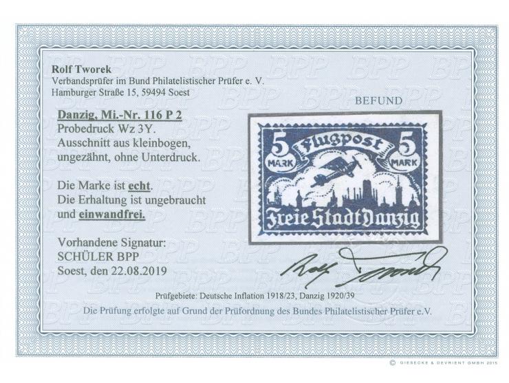 1923, Flugpost 5 M. blau, undurchstochener Probedruck, sauber ungebraucht, tadellos, sign. Schüler BPP, Fotobefund Tworek BPP