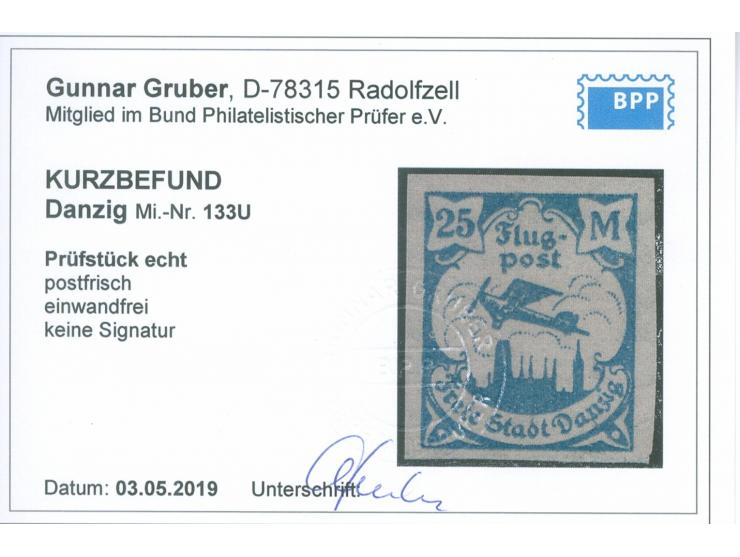 1923, Flugpost 25 M. mittelgraugrünblau, ungezähnt, postfrisch, tadellos, unsigniert, Kurzbefund Gruber BPP (2019)