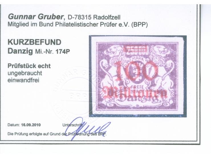 1923, Staatswappen 100 Mill. auf 250000 M., ungezähnter Probedruck, sauber ungebraucht, tadellos, Kurzbefund Gruber BPP (2010