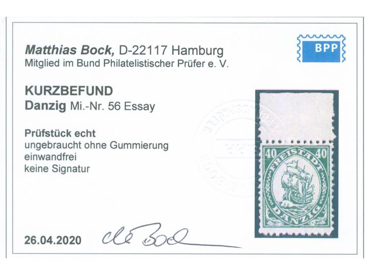 1921, Kogge 40 Pfg., Oberrandstück, grünes Essay mit Inschrift “Freistadt”, ungebraucht ohne Gummi, tadellos, unsigniert, Fot