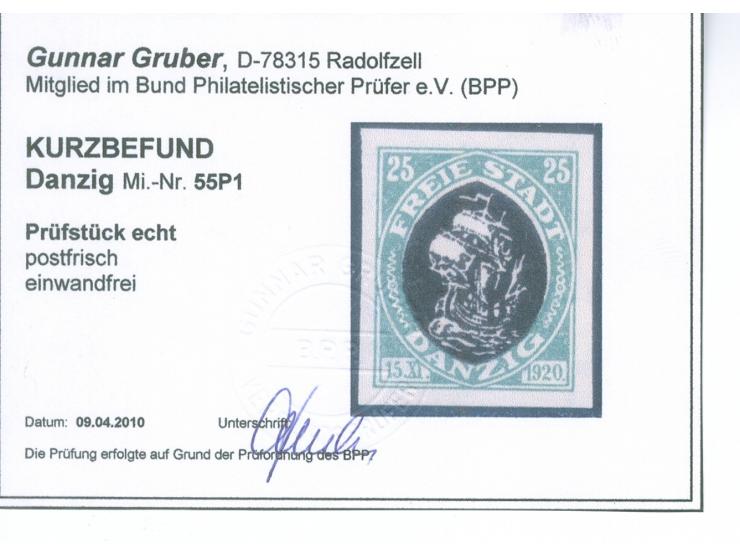 1921, Kogge 25 Pfg. grün, ungezähnter Probedruck mit schwarzem Mittelstück, postfrisch, tadellos, unsigniert, Kurzbefund Grub