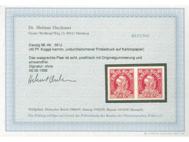 1921, Kogge 40 Pfg. karmin, undurchstochener Probedruck auf Kartonpapier, waagerechtes Paar, postfrisch, tadellos, Fotobefund