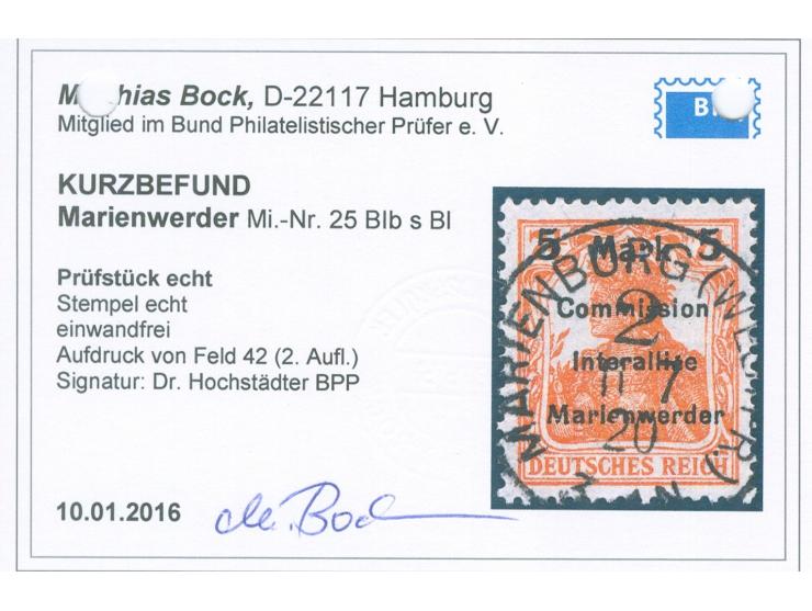 1920, Germania 5 M. auf 7 ½ Pfg. rötlichorange, Aufdruck Type BIbsBI, sauber gestempelt “MARIENBURG (WESTPR.) 2 11 7 20", tad