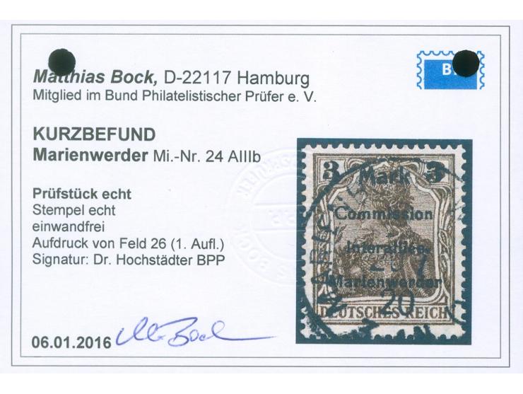 1920, Germania 3 M. auf 3 Pfg. dunkelorangebraun, Aufdruck Type AIIIb, sauber gestempelt “MARIENBURG (WESTPR.) 2 20.7.20”, ta