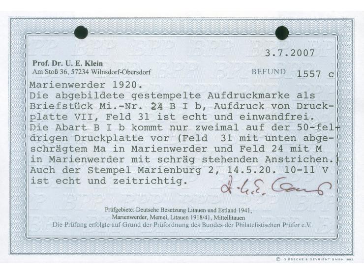 1920, Germania 3 M. auf 3 Pfg. dunkelorangebraun, Aufdruck Type BIb, Aufdruckfeld 31 von Druckplatte VII, sauber gestempelt “